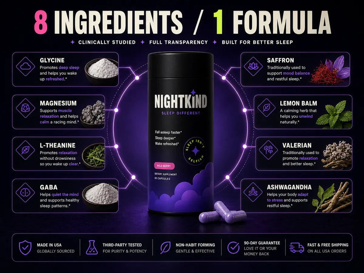 Nightkind surrounded by sleep-support ingredients