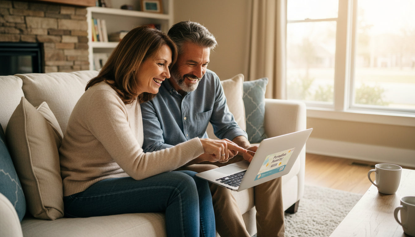 Middle-aged couple planning vacation together on laptop